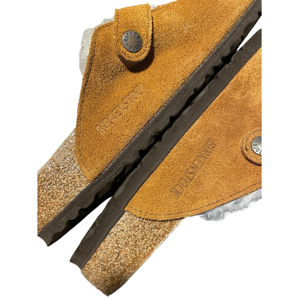 Birkenstock Suede Clog Sandals in Cognac Brown with Cream Shearling - Picture 6 of 11